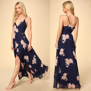 Lulus Navy Blue Floral Print Polka Dot Loiselle Wrap Maxi Dress Size XS